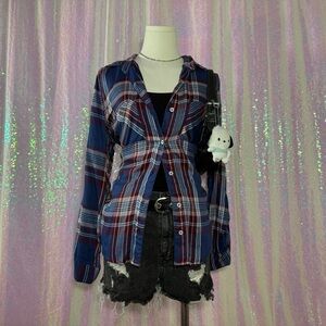 red and blue plaid button-down blouse / shirt